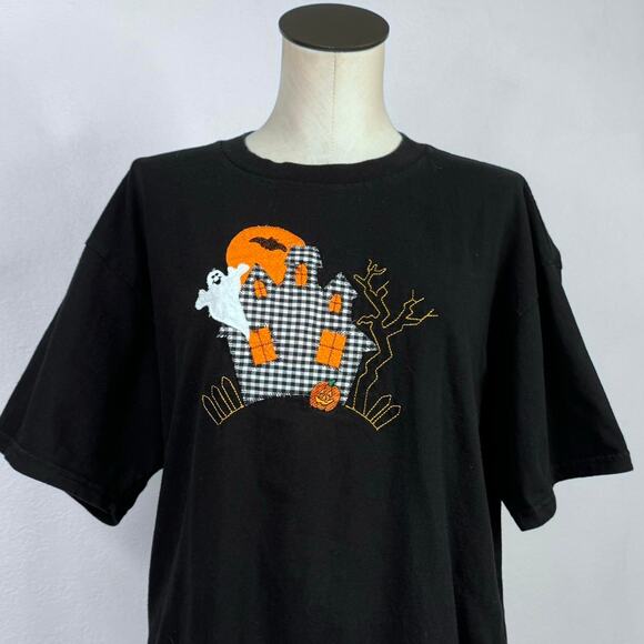 Vintage 90s Halloween Haunted House Ghost Embroidered Tee Black Size XL Tultex - Picture 1 of 6